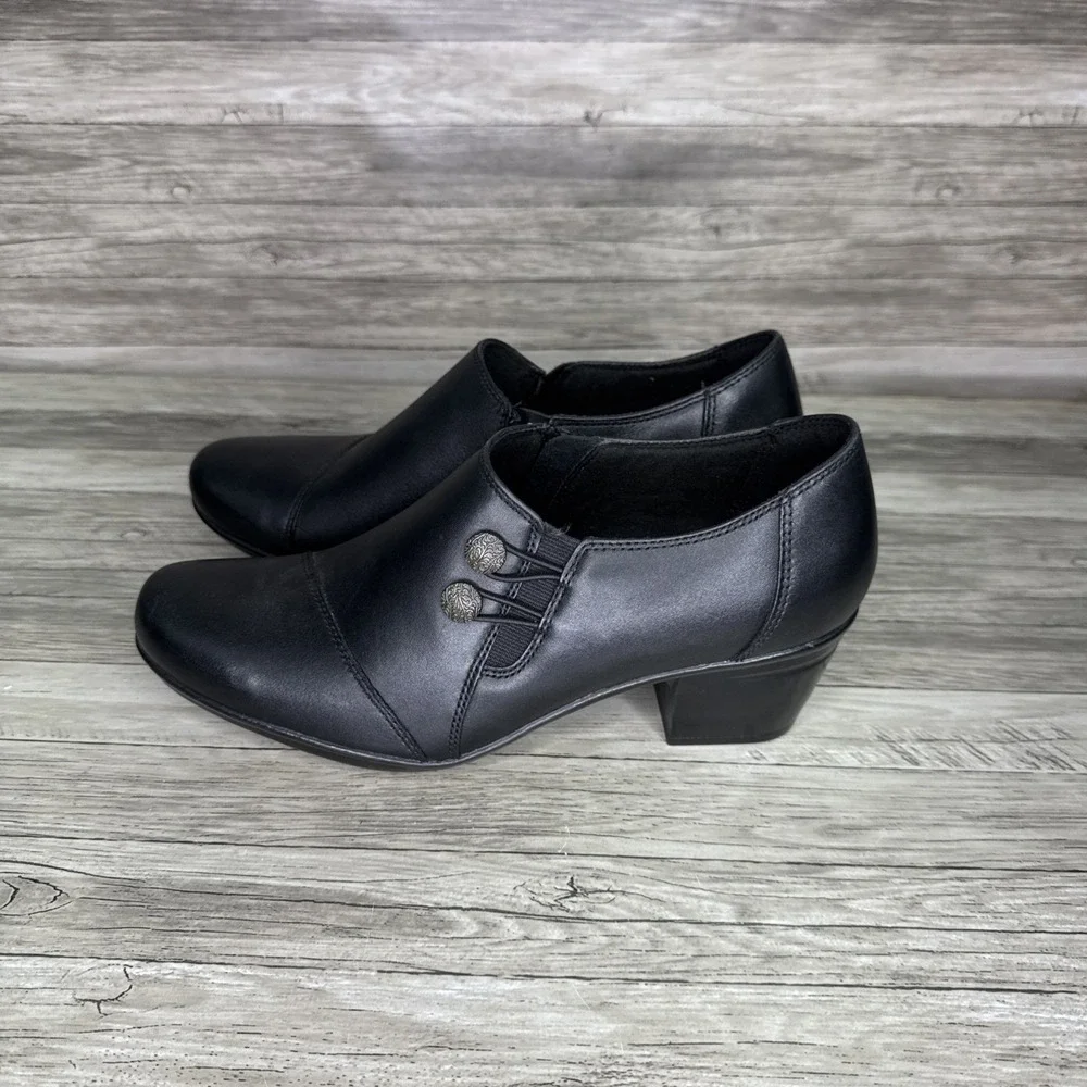 Clarks Emslie Warren Women Size 10 Black Leather Booties Ankle Shoes Heel